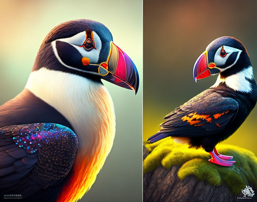 Colorful puffin illustrations: head close-up and full body on branch