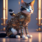 Detailed Steampunk Robotic Cat with Gears and Candlesticks