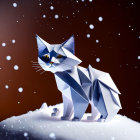 Geometric Origami Cat in Snow with Falling Snowflakes