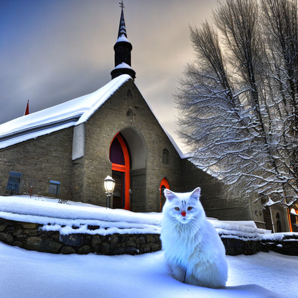 White Cat in Snow-Covered Church Setting at Twilight