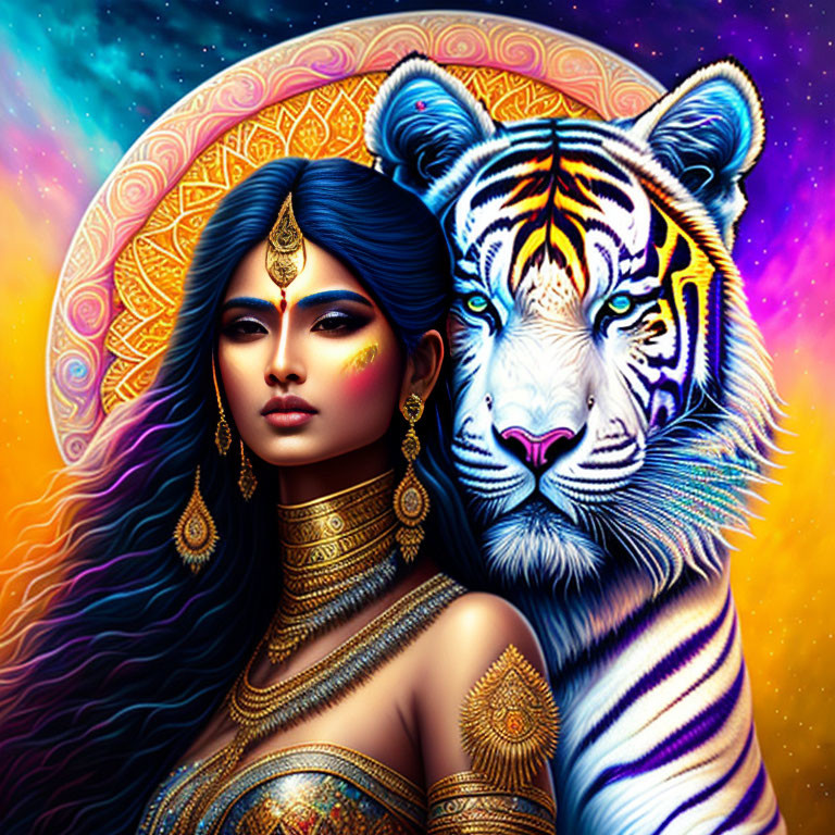 Colorful digital artwork: woman with blue hair, gold jewelry, and tiger in cosmic setting