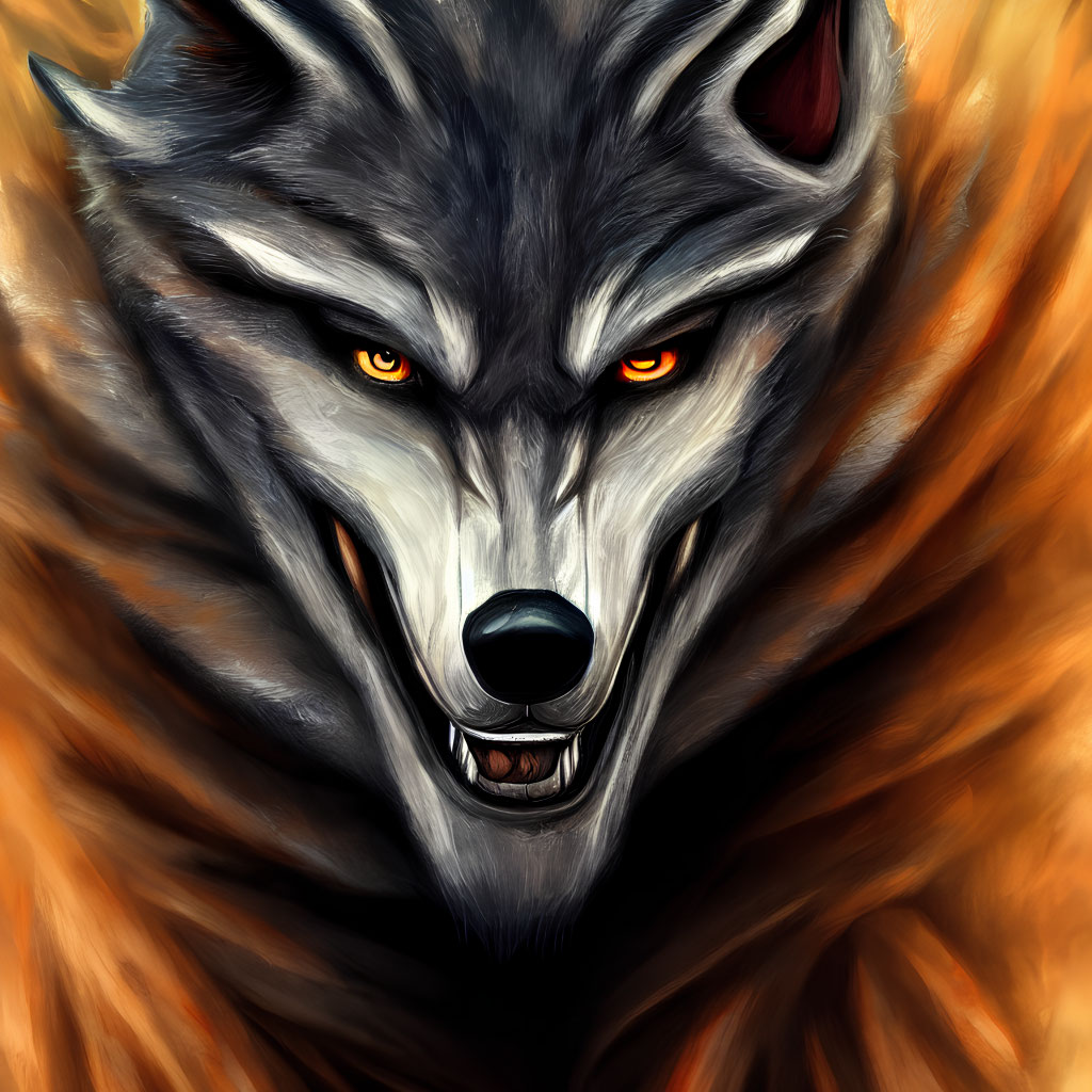 Intense illustration of snarling wolf with red eyes in fiery orange backdrop