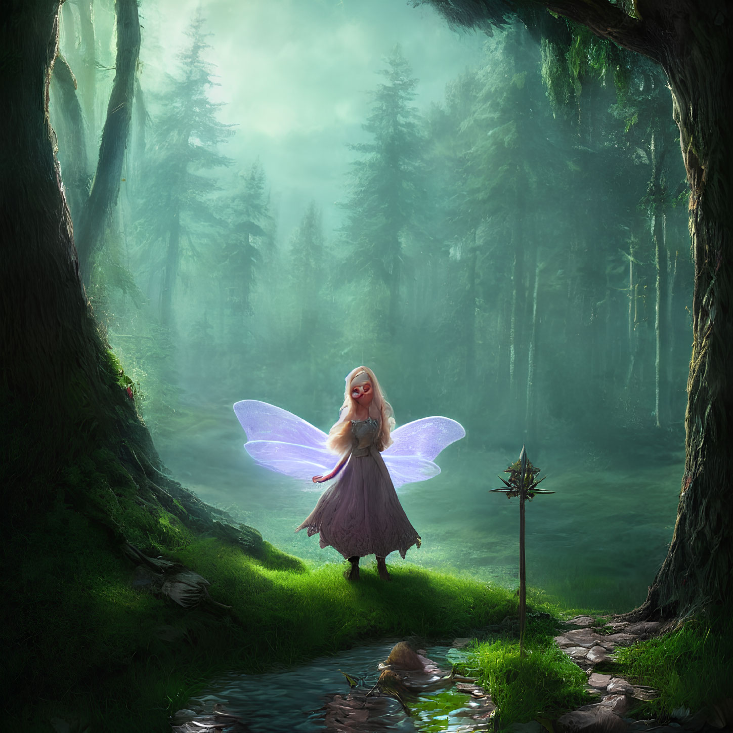 Translucent-winged fairy by stream in misty forest with mace-like object