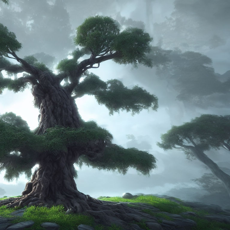 Majestic old tree with thick trunk and lush green canopy in misty forest