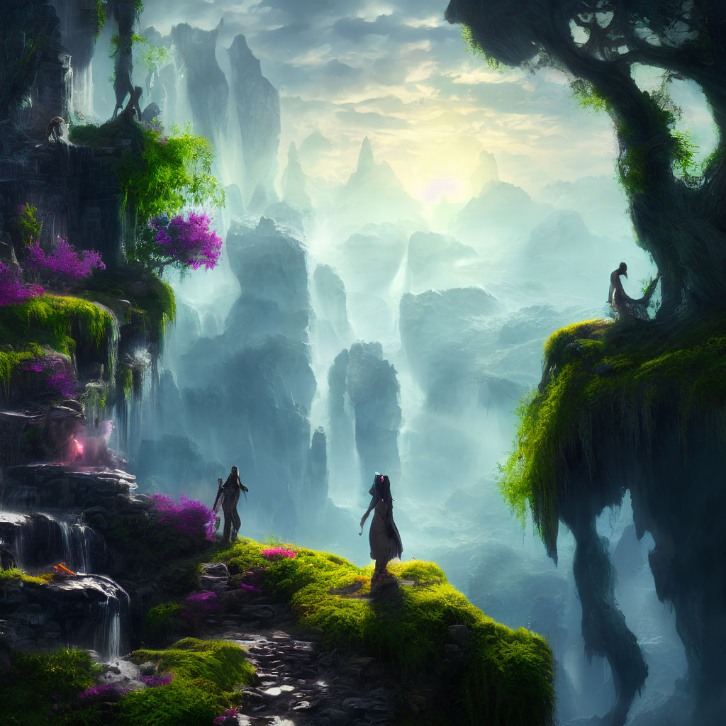 Mystical landscape with travelers, waterfalls, and sunrise