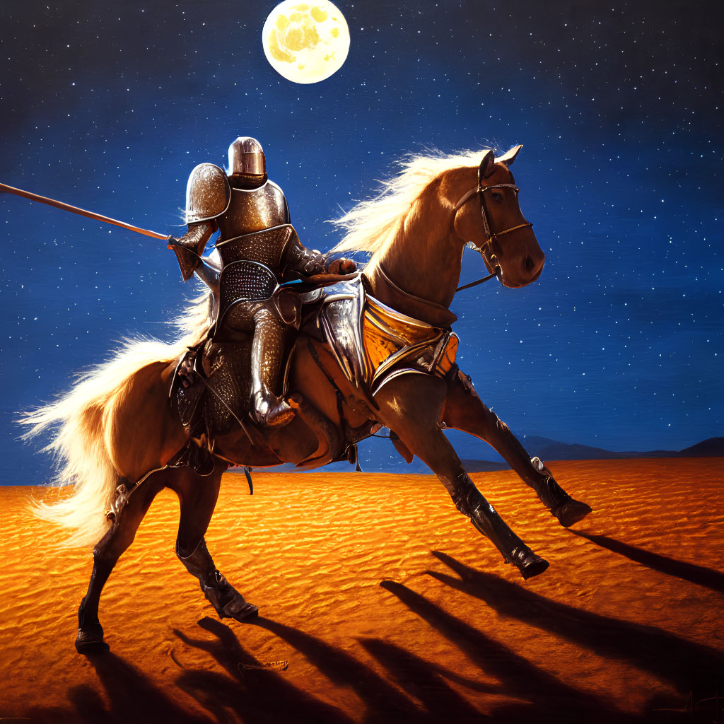 Knight on Horseback under Full Moon in Desert Night