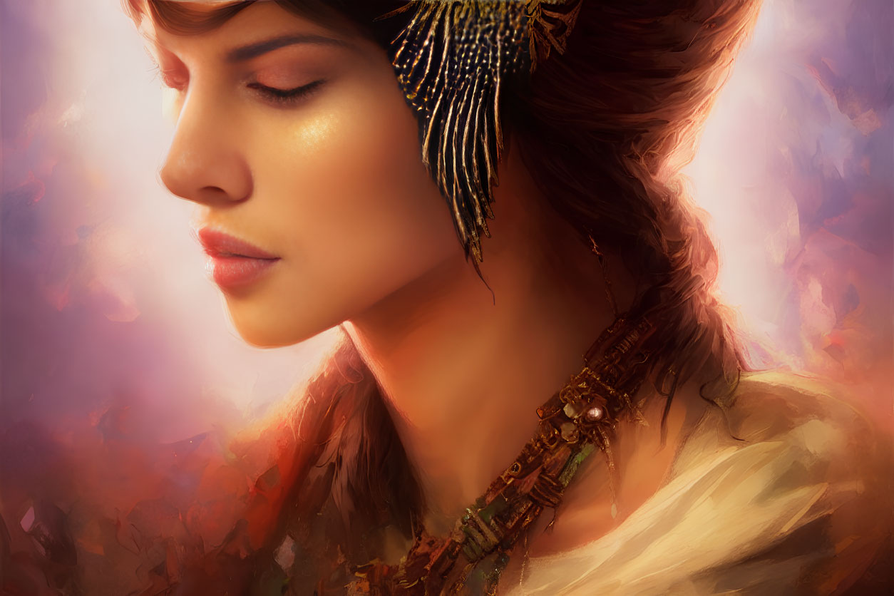 Serene woman portrait with closed eyes and ornate accessories on warm background