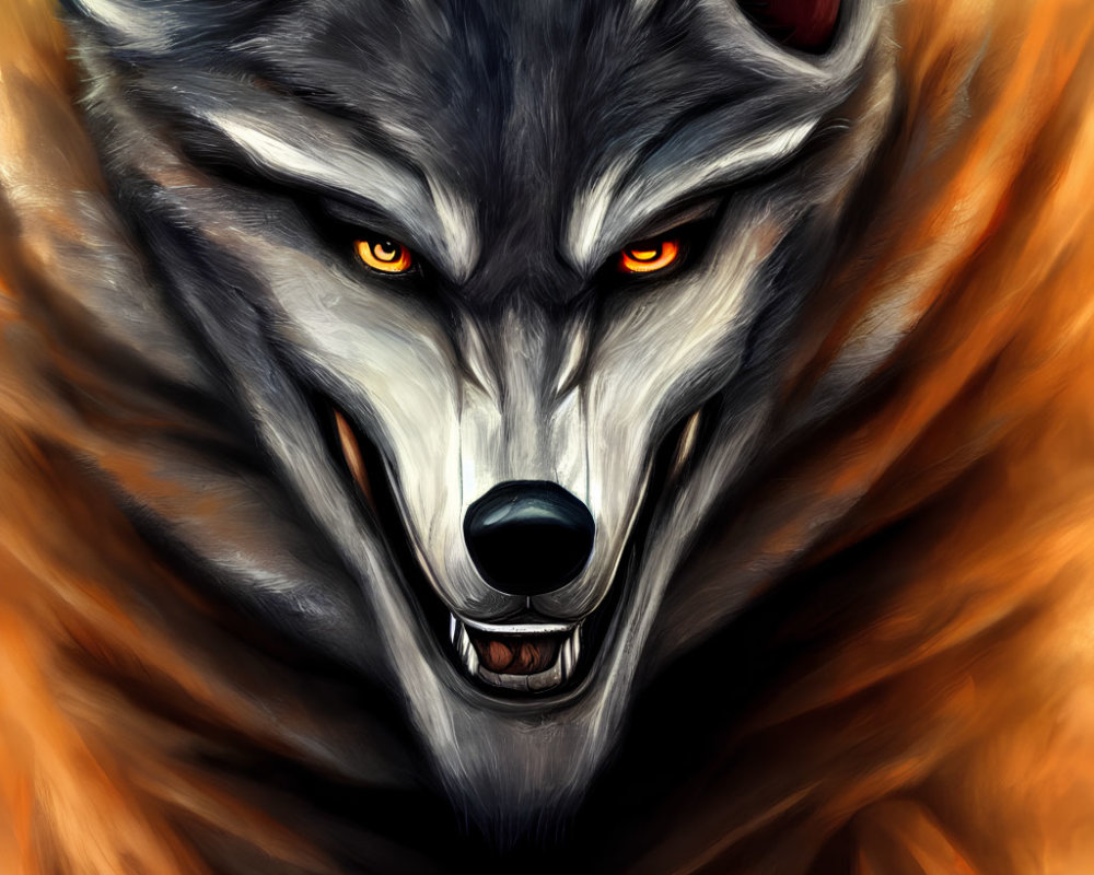 Intense illustration of snarling wolf with red eyes in fiery orange backdrop