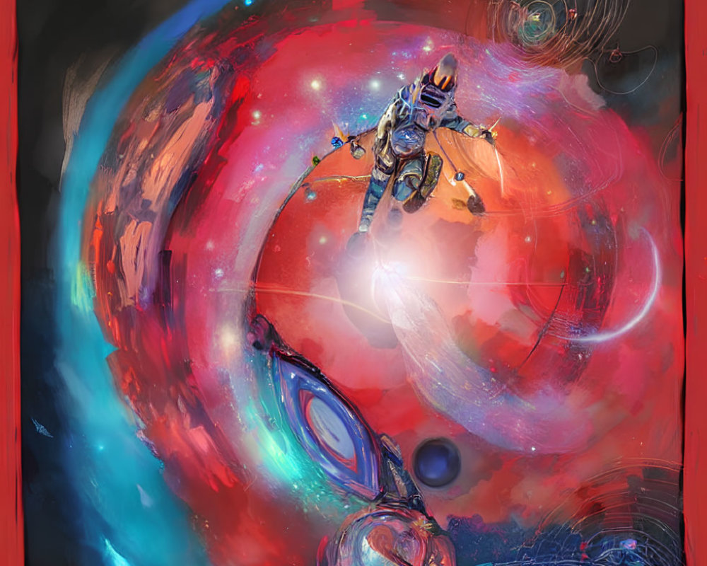 Surreal cosmic digital painting with astronaut in vibrant red and blue hues