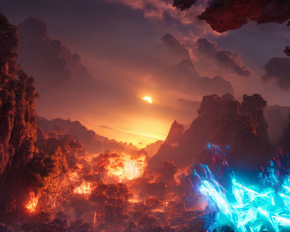 Fiery Terrain and Glowing Crystals in Dramatic Sunset Sky