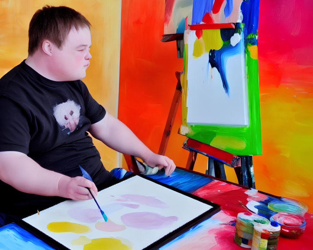 Short-haired person painting in colorful studio with white rat on shoulder