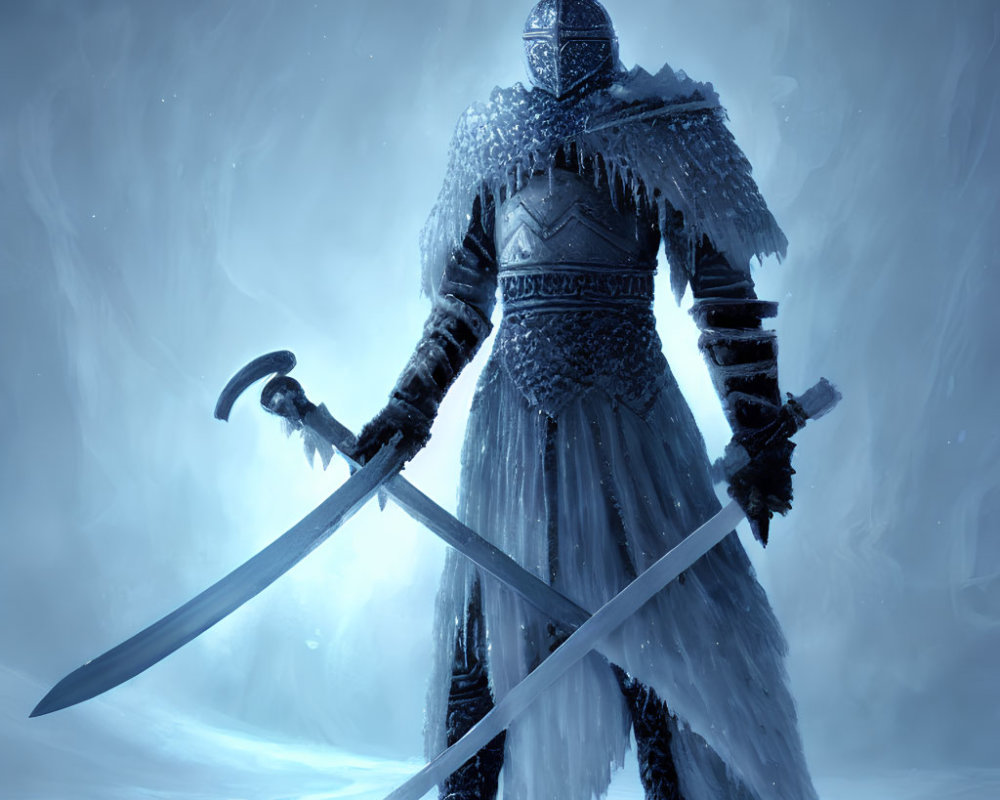 Knight in armor with sword and pickaxe in snowy landscape with fur cloak.