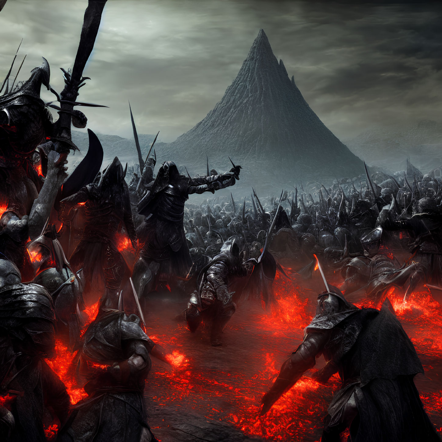 Armored warriors in fantasy battle scene with glowing red cracks, dark sky, and looming mountain.