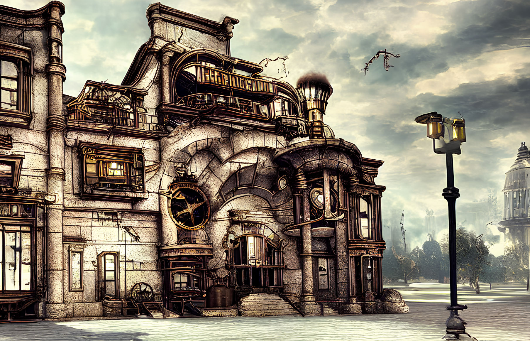 Steampunk-inspired building with curved architecture, pipes, gears on cobblestone street.