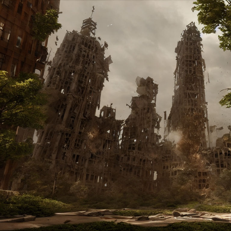 Abandoned Gothic-style ruins in overgrown cityscape at dusk