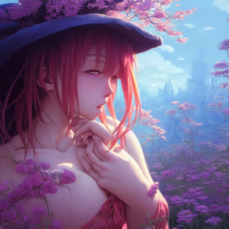 Pink-Haired Anime-Style Girl in Purple Flower Field with Castle Silhouette