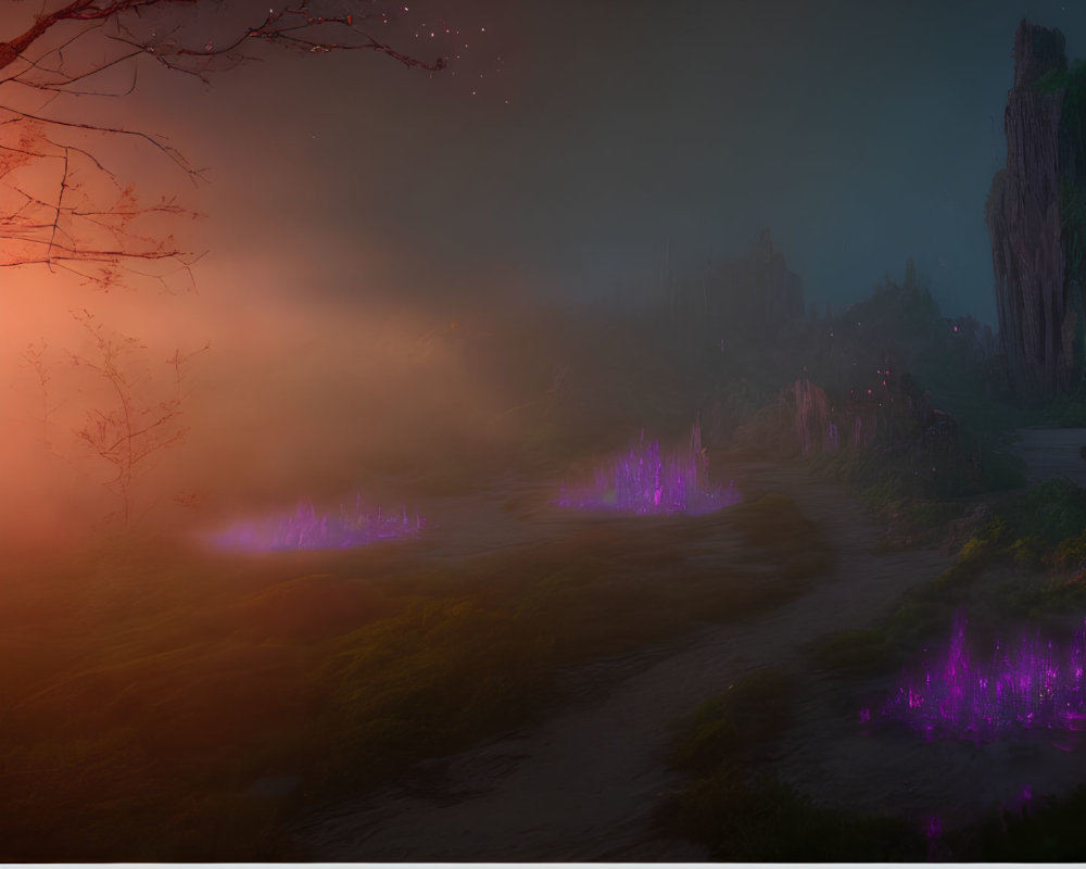 Misty fantasy landscape at dusk with purple flora, rock formations, and glowing sky