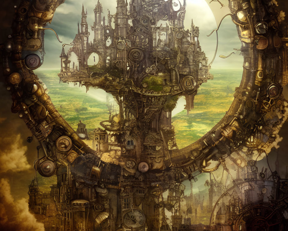 Steampunk city in giant gear ring with intricate architecture