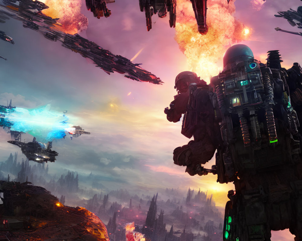 Sci-fi battle scene featuring mechs, spaceships, and fiery sky