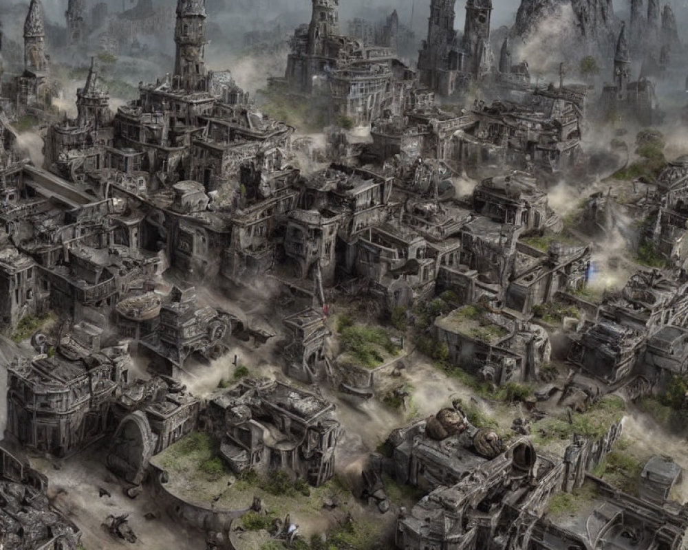 Detailed Fantasy Cityscape with Gothic Architecture in Desolate Setting