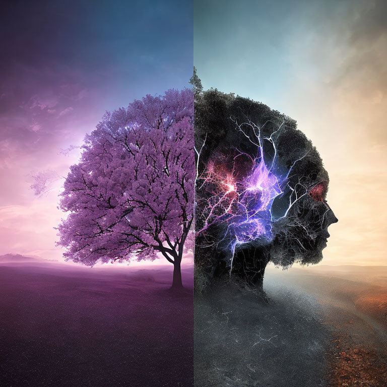 Composite Image: Pink Tree and Lightning Brain Symbol