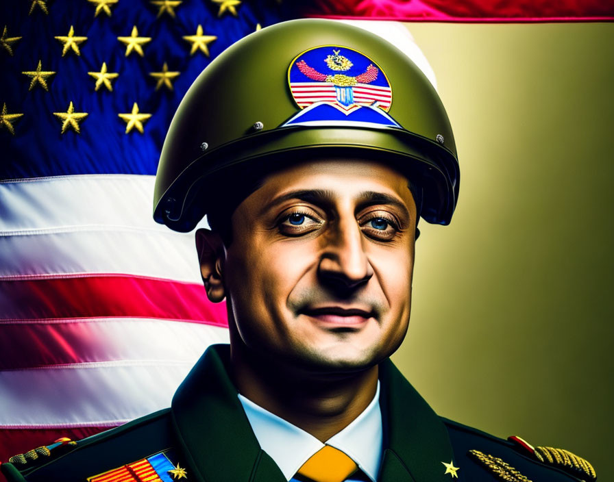 Military officer in uniform with medals and helmet against American flag background