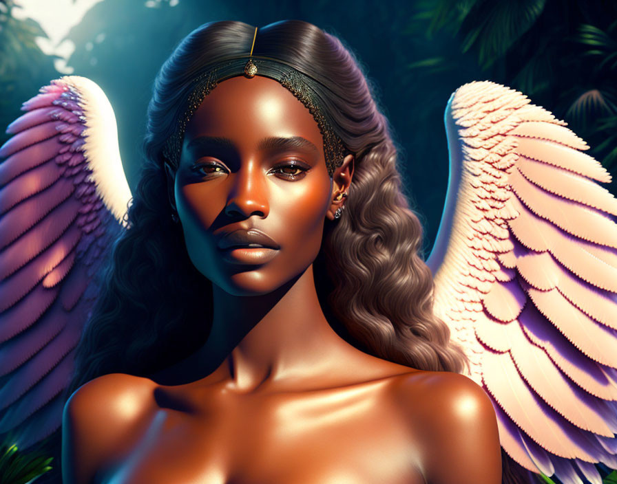 Dark-skinned woman with curly hair and white wings in jungle scene