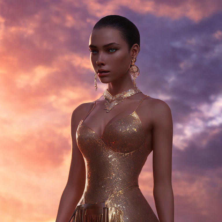 Woman in Gold Dress with Sleek Hair in 3D Rendering