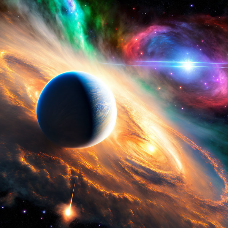 Colorful space scene with planet, nebula, cosmic clouds, and bright star.