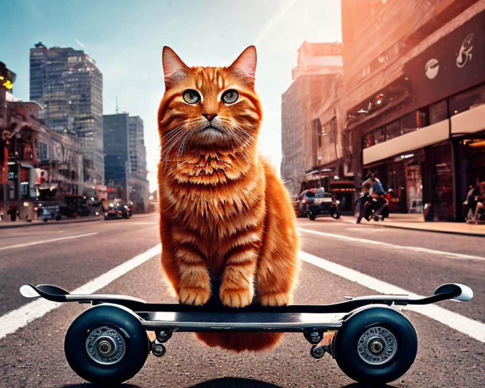 Orange Tabby Cat Skateboarding in City Setting