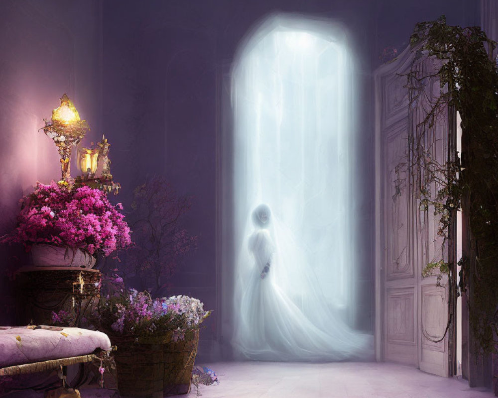 Ghostly Figure in White Near Open Door in Elegant Purple Room