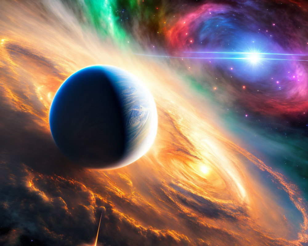 Colorful space scene with planet, nebula, cosmic clouds, and bright star.