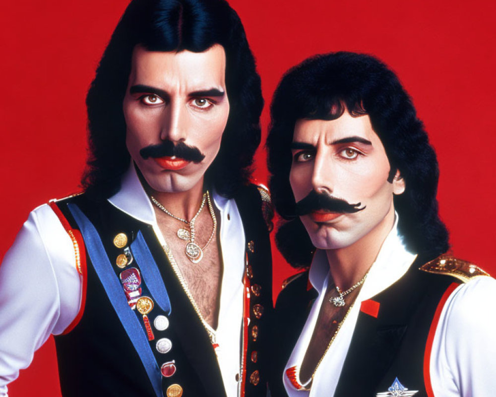 Two men in military jackets with mustaches on red background