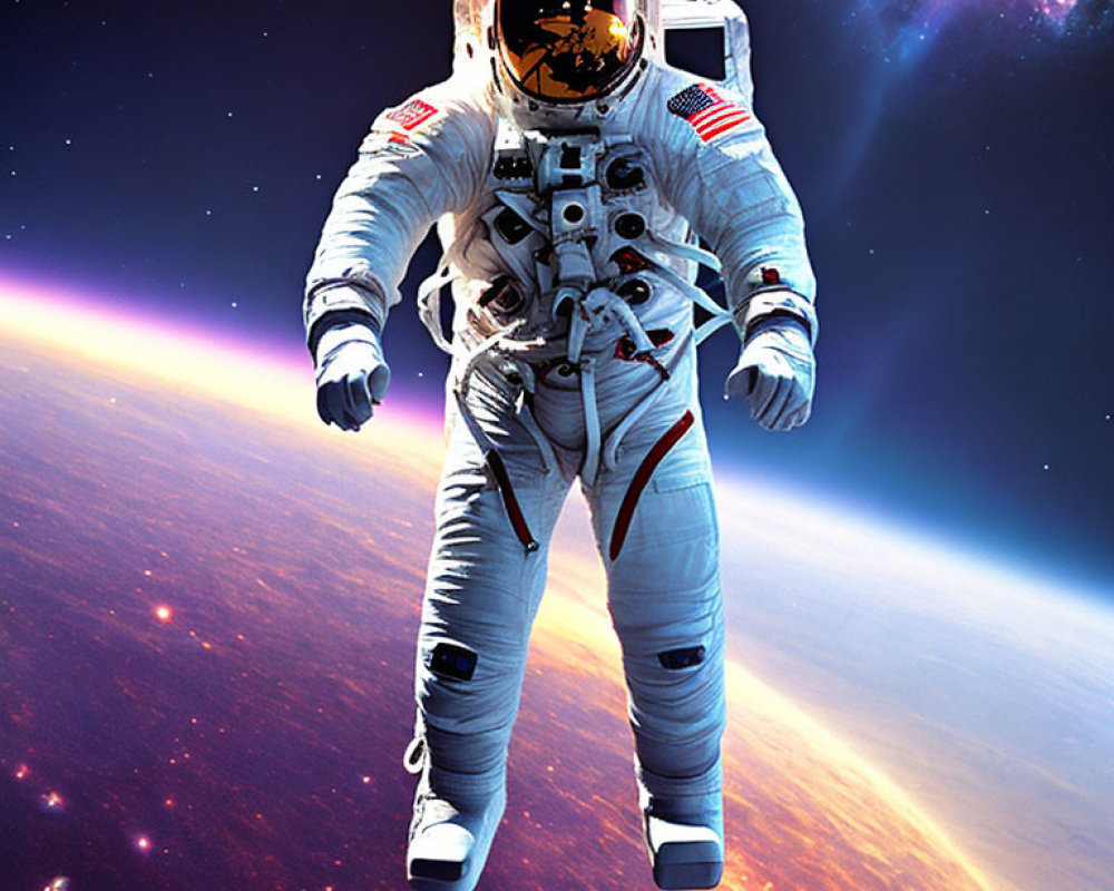 Astronaut in white space suit with American flag patch floating in space