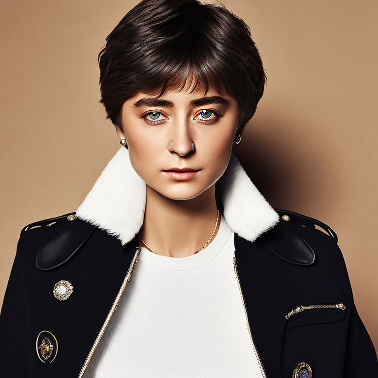 Portrait of woman with short brown hair and blue eyes in black coat with white fur collar and sparkling bro