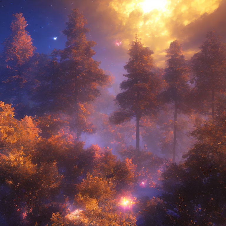 Enchanting forest scene with golden light and foggy ambiance