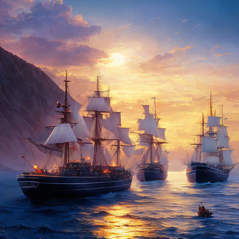 Majestic sailing ships at golden sunset on rugged coast