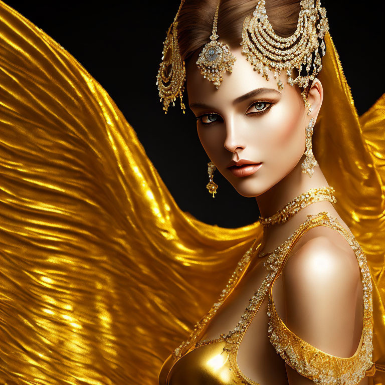 Golden-winged woman adorned in elaborate gold jewelry gazes fiercely.