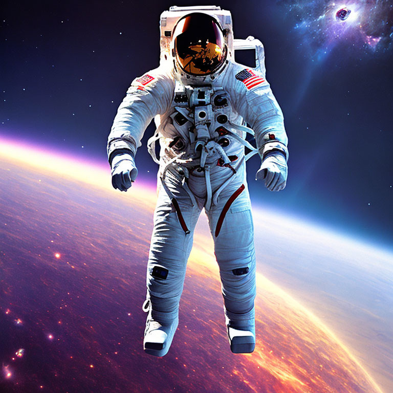 Astronaut in white space suit with American flag patch floating in space