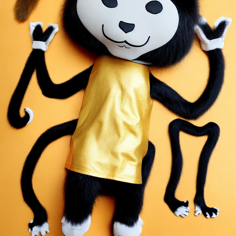 Long-limbed plush monkey toy in shiny gold shirt on bright orange background