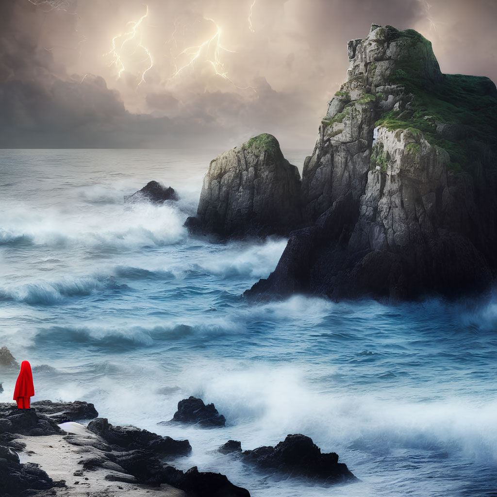 Person in Red Cloak Observing Stormy Ocean with Lightning