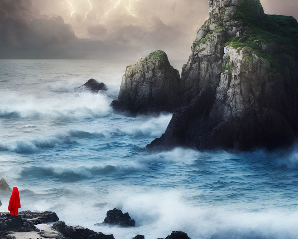 Person in Red Cloak Observing Stormy Ocean with Lightning