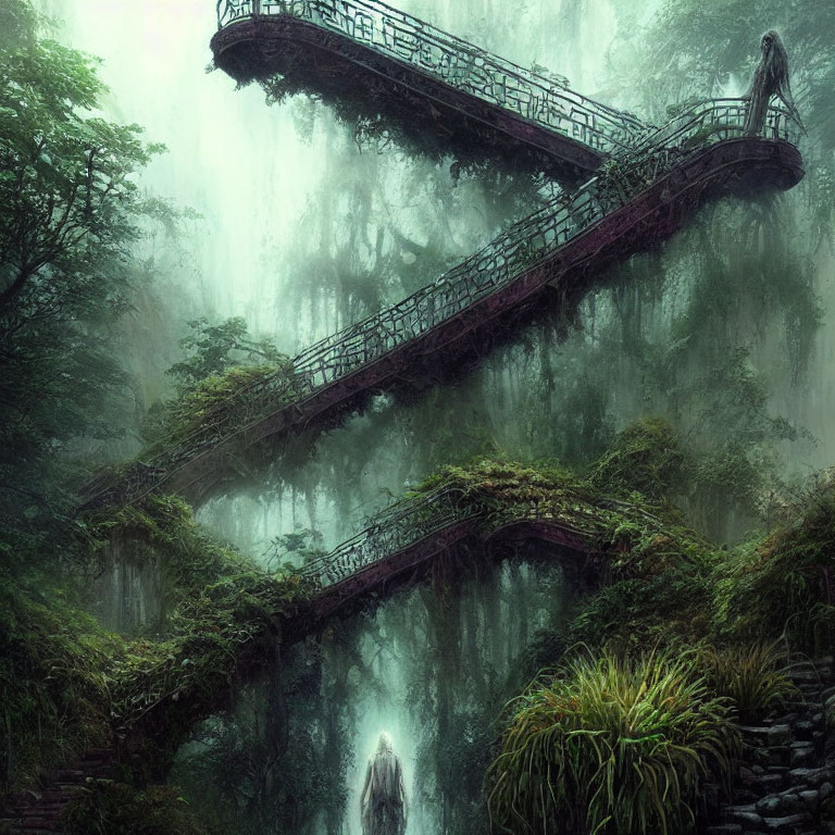 Misty forest with ancient, overgrown bridges in dense canopy