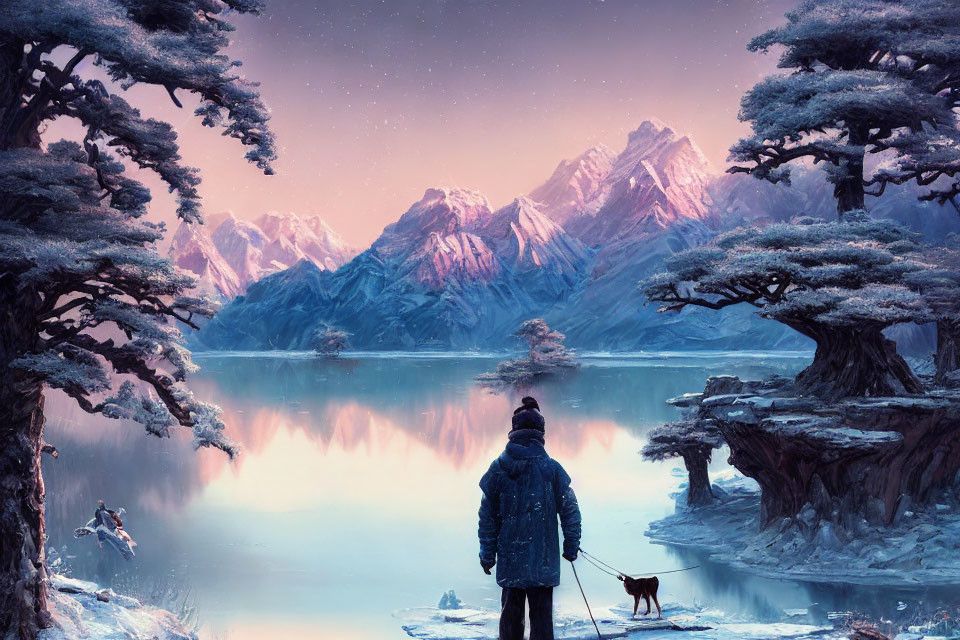 Person and dog in snowy mountain landscape under starry sky