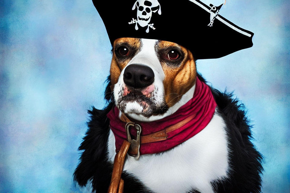 Dog in Pirate Costume with Skull Hat and Red Bandana on Blue Background