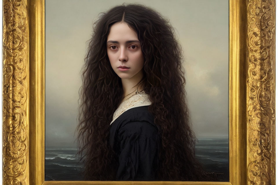 Realistic portrait of woman with long brown hair in black dress, ornate golden frame, ocean backdrop