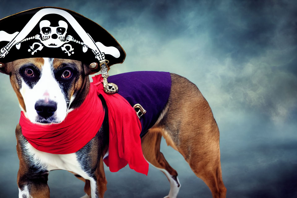 Pirate-themed dog costume with red bandana and skull hat