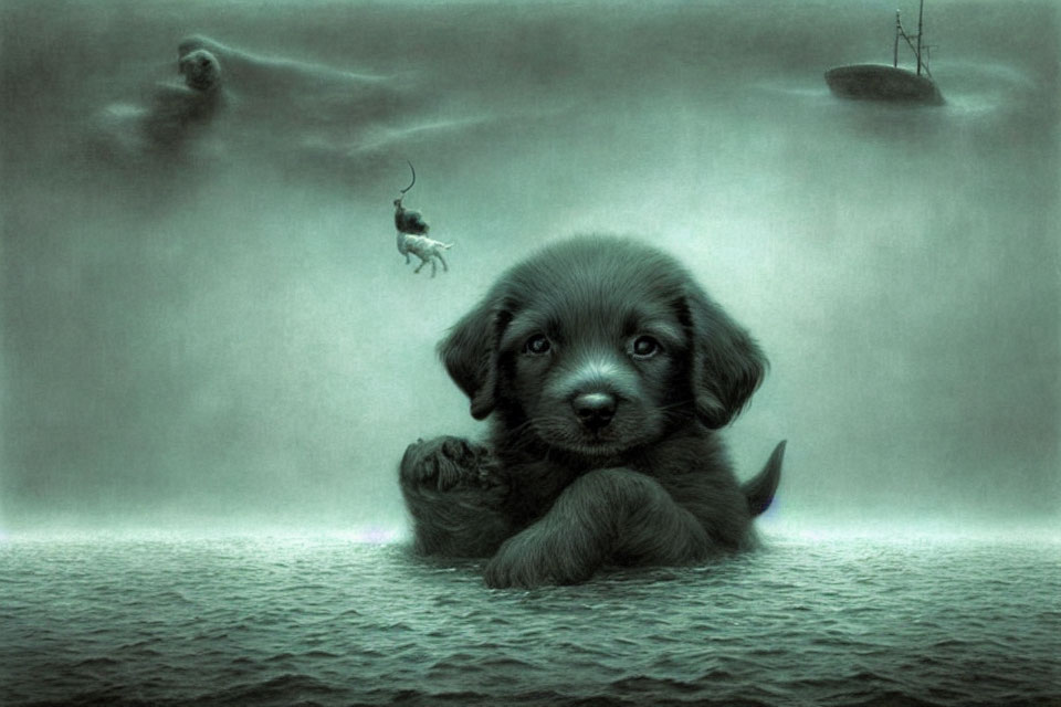 Surreal image of sad-eyed puppy on water with submarine and astronaut