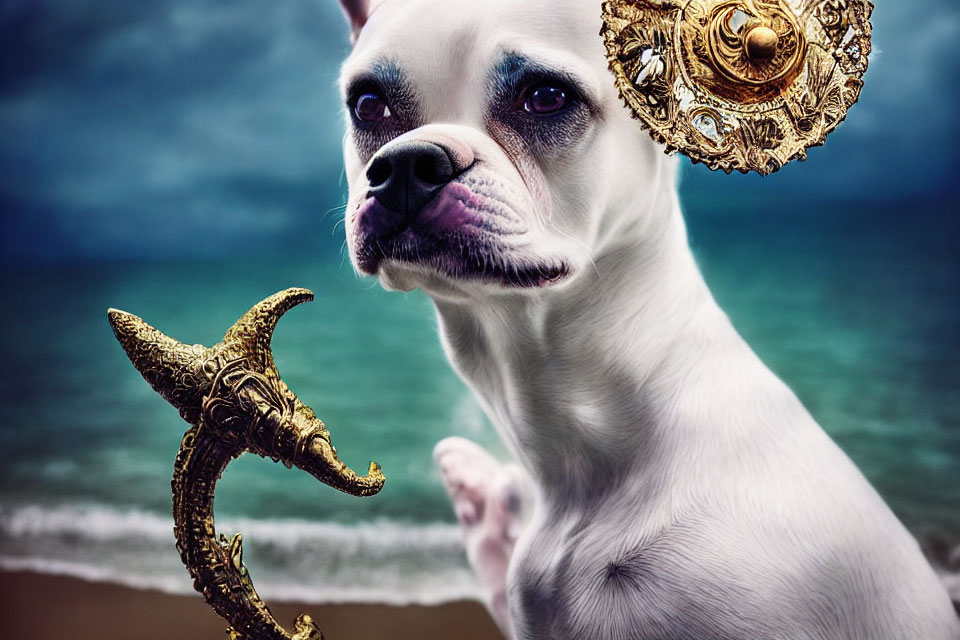 White Dog with Human-Like Eyes and Jewelry by the Sea