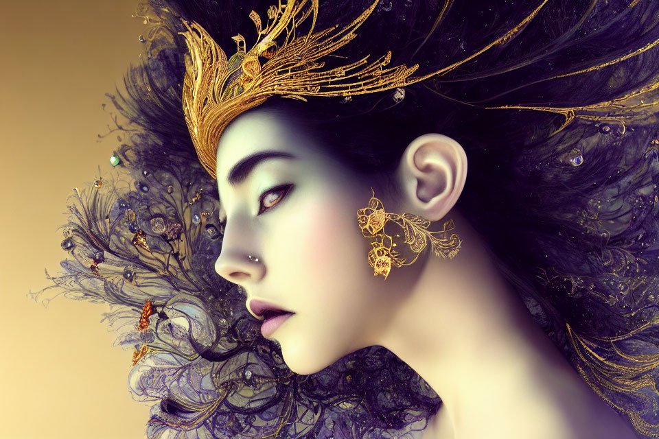 Profile view of woman with artistic makeup, wearing gold crown and earring on golden background